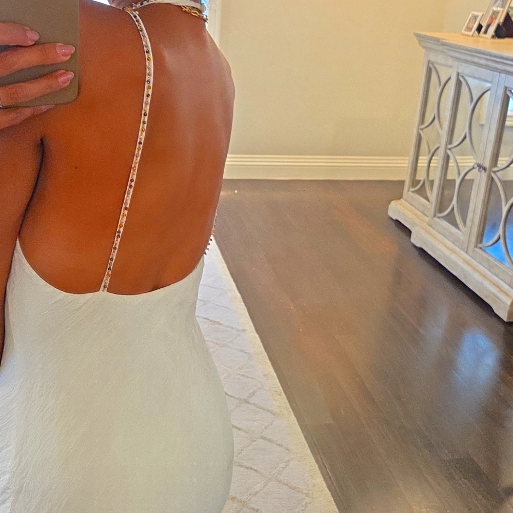 WOMEN'S ZARA WHITE CRINKLED HALTER MAXI SUN DRESS BEJEWELED HALTER SZ XS $90 - Picture 3 of 6